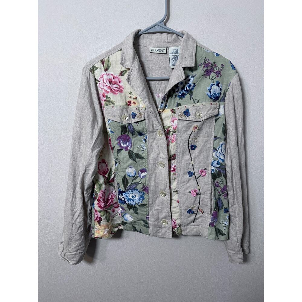 Vintage White Stag Blouse Shirt Women's M Linen Floral Cottage Country Core